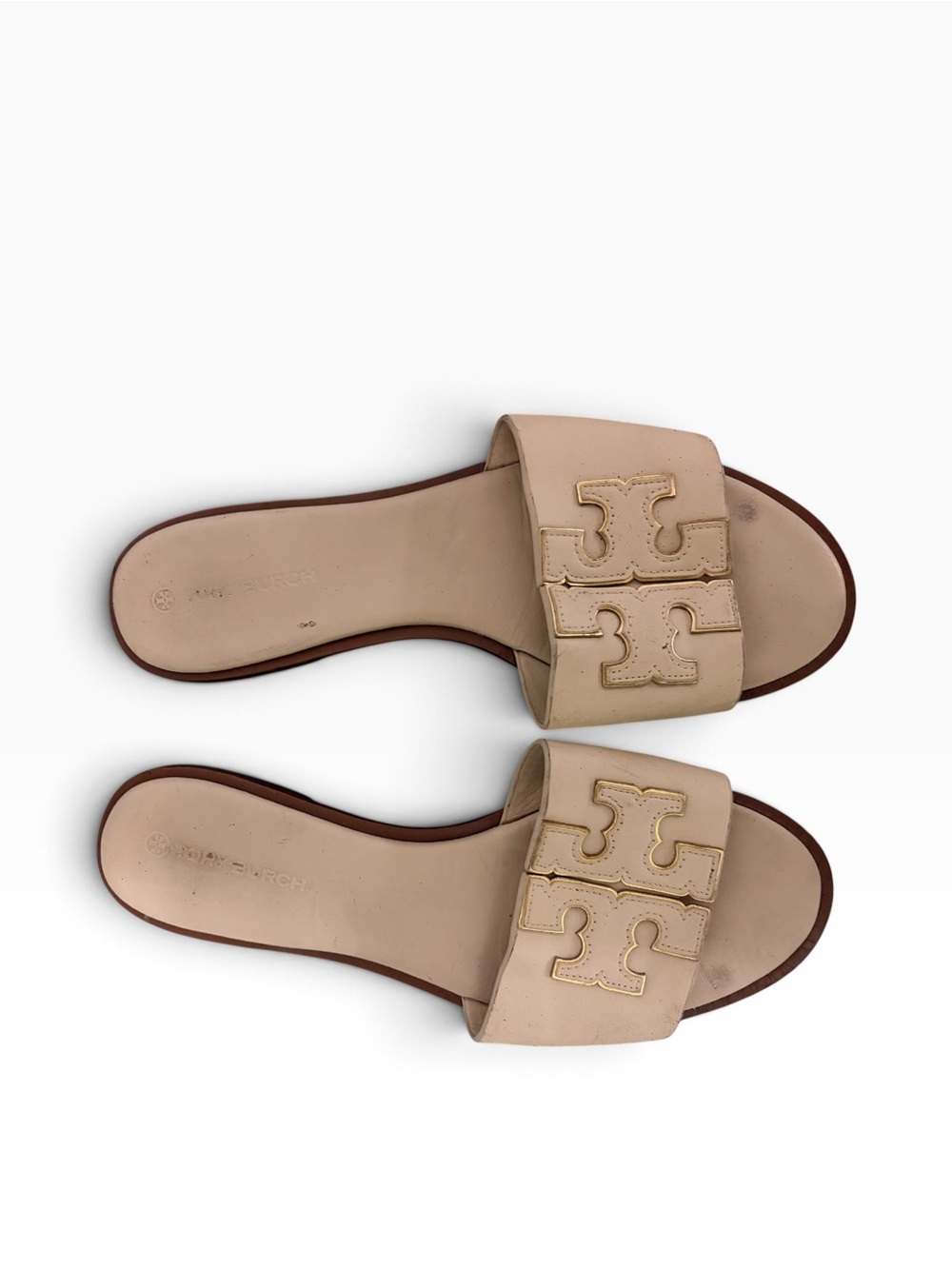 Tory Burch Ines Flat Slide Sandals - Nude / Cream Leather Size